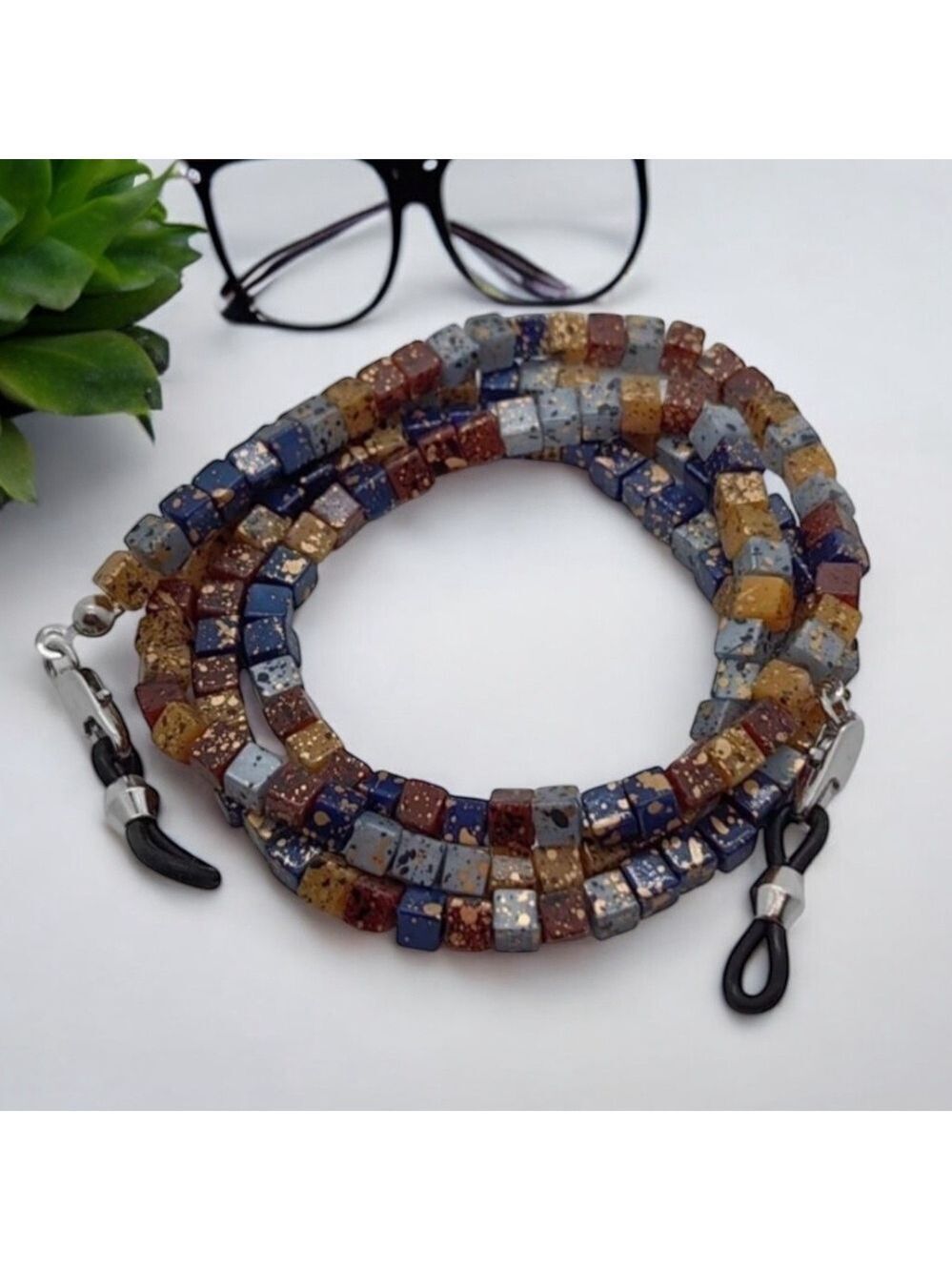 Cube Bead Eyeglass Chain in Brown Gold and Blue by Rainbow Bright NWT